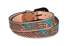 Genuine Leather Western Hand Tooled and Hand Painted Floral Belt  with Removable Buckle 30HQ001