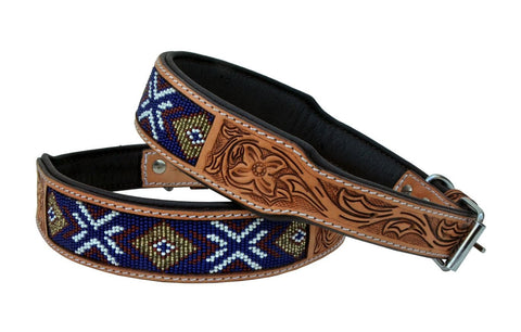 Western Style Beaded and Tooled Leather Dog Collar With Padded Soft Lining 10AB014