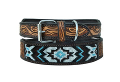 Western Style Beaded and Tooled Leather Dog Collar With Padded Soft Lining 10AB015