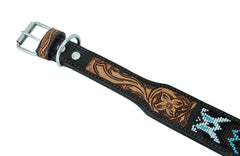 Western Style Beaded and Tooled Leather Dog Collar With Padded Soft Lining 10AB015