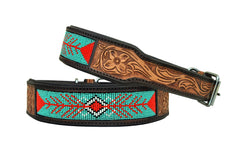 Western Style Beaded and Tooled Leather Dog Collar With Padded Soft Lining 10AB022