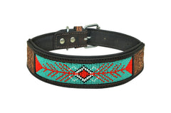 Western Style Beaded and Tooled Leather Dog Collar With Padded Soft Lining 10AB022