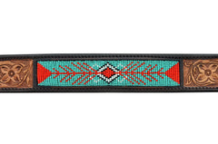 Western Style Beaded and Tooled Leather Dog Collar With Padded Soft Lining 10AB022