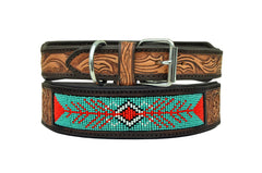 Western Style Beaded and Tooled Leather Dog Collar With Padded Soft Lining 10AB022