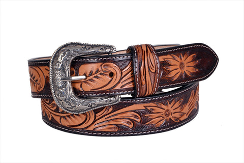 Genuine Leather Western Hand Tooled and Hand Painted Floral Belt  with Removable Buckle 30HQ004