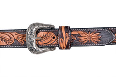 Genuine Leather Western Hand Tooled and Hand Painted Floral Belt  with Removable Buckle 30HQ004