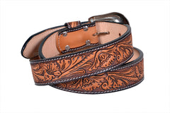 Genuine Leather Western Hand Tooled and Hand Painted Floral Belt  with Removable Buckle 30HQ006