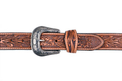 Genuine Leather Western Hand Tooled and Hand Painted Floral Belt  with Removable Buckle 30HQ007