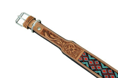 Western Style Beaded and Tooled Leather Dog Collar With Padded Soft Lining 10AB023