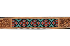 Western Style Beaded and Tooled Leather Dog Collar With Padded Soft Lining 10AB023