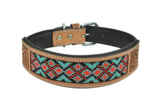 Western Style Beaded and Tooled Leather Dog Collar With Padded Soft Lining 10AB023