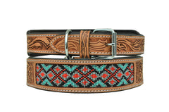 Western Style Beaded and Tooled Leather Dog Collar With Padded Soft Lining 10AB023