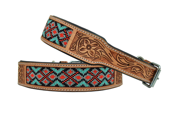 Western Style Beaded and Tooled Leather Dog Collar With Padded Soft Lining 10AB023