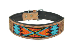 Western Style Beaded and Tooled Leather Dog Collar With Padded Soft Lining 10AB027