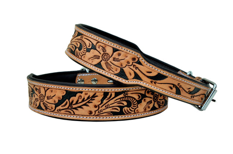 Western Style Hand Tooled Hand Finished Leather Dog Collar With Padded Soft Lining 10AB104