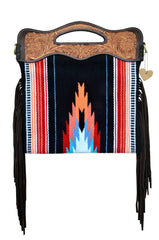 Personalizable Genuine Leather and Saddle Blanket Shoulder Bag with Hand Tooled Strap and Hand tooled Handle 20AB002