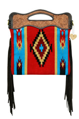 Personalizable Genuine Leather and Saddle Blanket Shoulder Bag with Hand Tooled Strap and Hand tooled Handle 20AB004