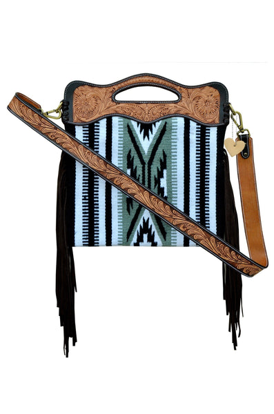 Personalizable Genuine Leather and Saddle Blanket Shoulder Bag with Hand Tooled Strap and Hand tooled Handle o20AB005