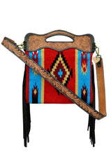 Personalizable Genuine Leather and Saddle Blanket Shoulder Bag with Hand Tooled Strap and Hand tooled Handle 20AB004