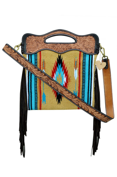 Personalizable Genuine Leather and Saddle Blanket Shoulder Bag with Hand Tooled Strap and Hand tooled Handle 20AB003