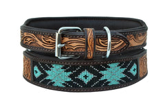 Western Style Beaded and Tooled Leather Dog Collar With Padded Soft Lining 10AB009