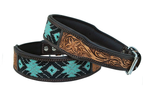 Western Style Beaded and Tooled Leather Dog Collar With Padded Soft Lining 10AB009