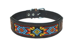 Western Style Beaded and Tooled Leather Dog Collar With Padded Soft Lining 10AB013