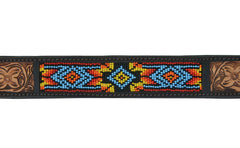 Western Style Beaded and Tooled Leather Dog Collar With Padded Soft Lining 10AB013