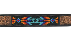 Western Style Beaded and Tooled Leather Dog Collar With Padded Soft Lining 10AB016