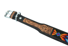 Western Style Beaded and Tooled Leather Dog Collar With Padded Soft Lining 10AB016