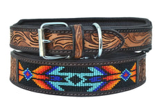 Western Style Beaded and Tooled Leather Dog Collar With Padded Soft Lining 10AB016