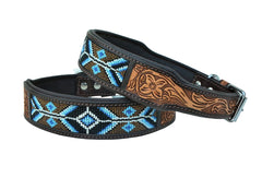 Western Style Beaded and Tooled Leather Dog Collar With Padded Soft Lining 10AB017