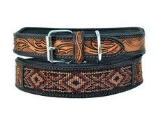 Western Style Beaded and Tooled Leather Dog Collar With Padded Soft Lining 10AB019