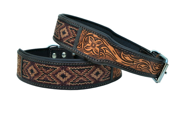 Western Style Beaded and Tooled Leather Dog Collar With Padded Soft Lining 10AB019