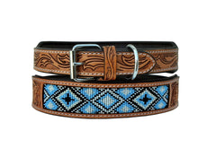 Western Style Beaded and Tooled Leather Dog Collar With Padded Soft Lining 10AB020