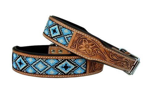 Western Style Beaded and Tooled Leather Dog Collar With Padded Soft Lining 10AB020