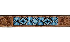 Western Style Beaded and Tooled Leather Dog Collar With Padded Soft Lining 10AB020