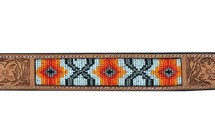 Western Style Beaded and Tooled Leather Dog Collar With Padded Soft Lining 10AB021