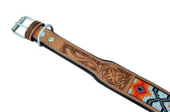 Western Style Beaded and Tooled Leather Dog Collar With Padded Soft Lining 10AB021