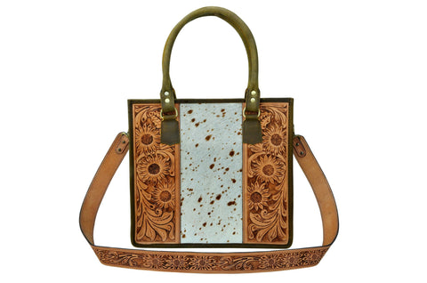 Personalizable Genuine Leather Hand Tooled with Hair-On  Leather Tote Bag 20AB012