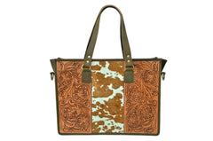 Personalizable Genuine Leather Hand Tooled with Hair-On  Leather Tote Bag 20AB011