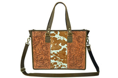 Personalizable Genuine Leather Hand Tooled with Hair-On  Leather Tote Bag 20AB011