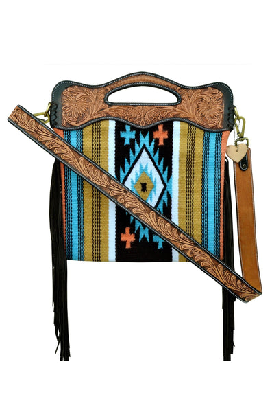 Personalizable Genuine Leather and Saddle Blanket Shoulder Bag with Hand Tooled Strap and Hand tooled Handle 20AB010