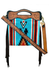 Personalizable Genuine Leather and Saddle Blanket Shoulder Bag with Hand Tooled Strap and Hand tooled Handle 20AB009