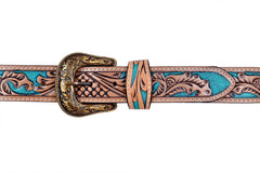 Genuine Leather Western Hand Tooled and Hand Painted Floral Belt  with Removable Buckle 30HQ001