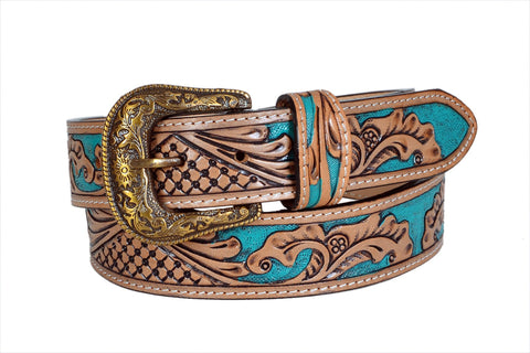 Genuine Leather Western Hand Tooled and Hand Painted Floral Belt  with Removable Buckle 30HQ001