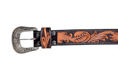 Genuine Leather Western Hand Tooled and Hand Painted Floral Belt  with Removable Buckle 30HQ004