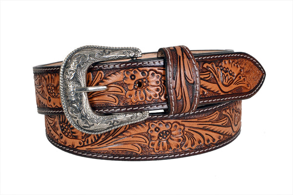 Genuine Leather Western Hand Tooled and Hand Painted Floral Belt  with Removable Buckle 30HQ006