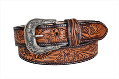 Genuine Leather Western Hand Tooled and Hand Painted Floral Belt  with Removable Buckle 30HQ006