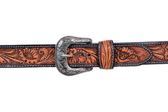 Genuine Leather Western Hand Tooled and Hand Painted Floral Belt  with Removable Buckle 30HQ006